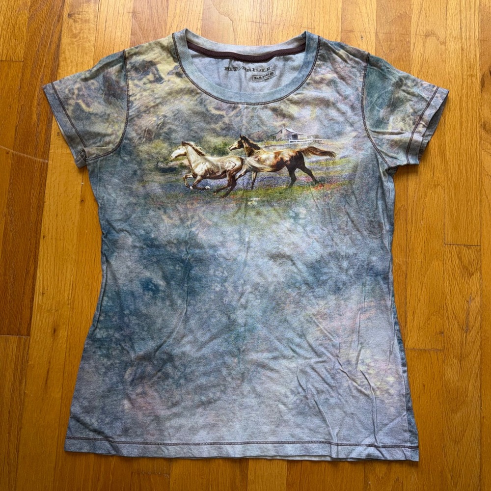 Bit & Bridle Horse Tee Graphic Tie Dye T-Shirt Blue L Western Equestrian Horses